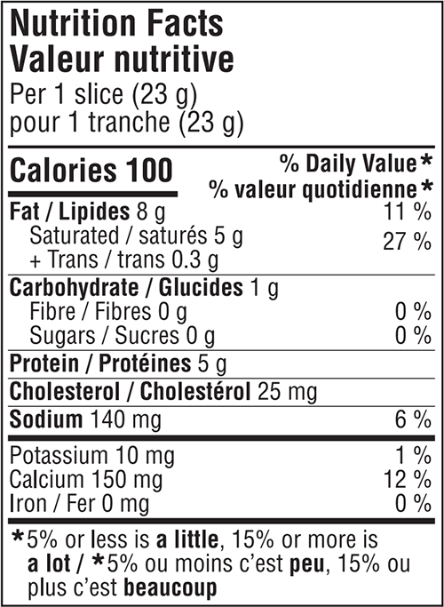 Balderson Mature Havarti Sliced Cheese Nutrition Facts Label